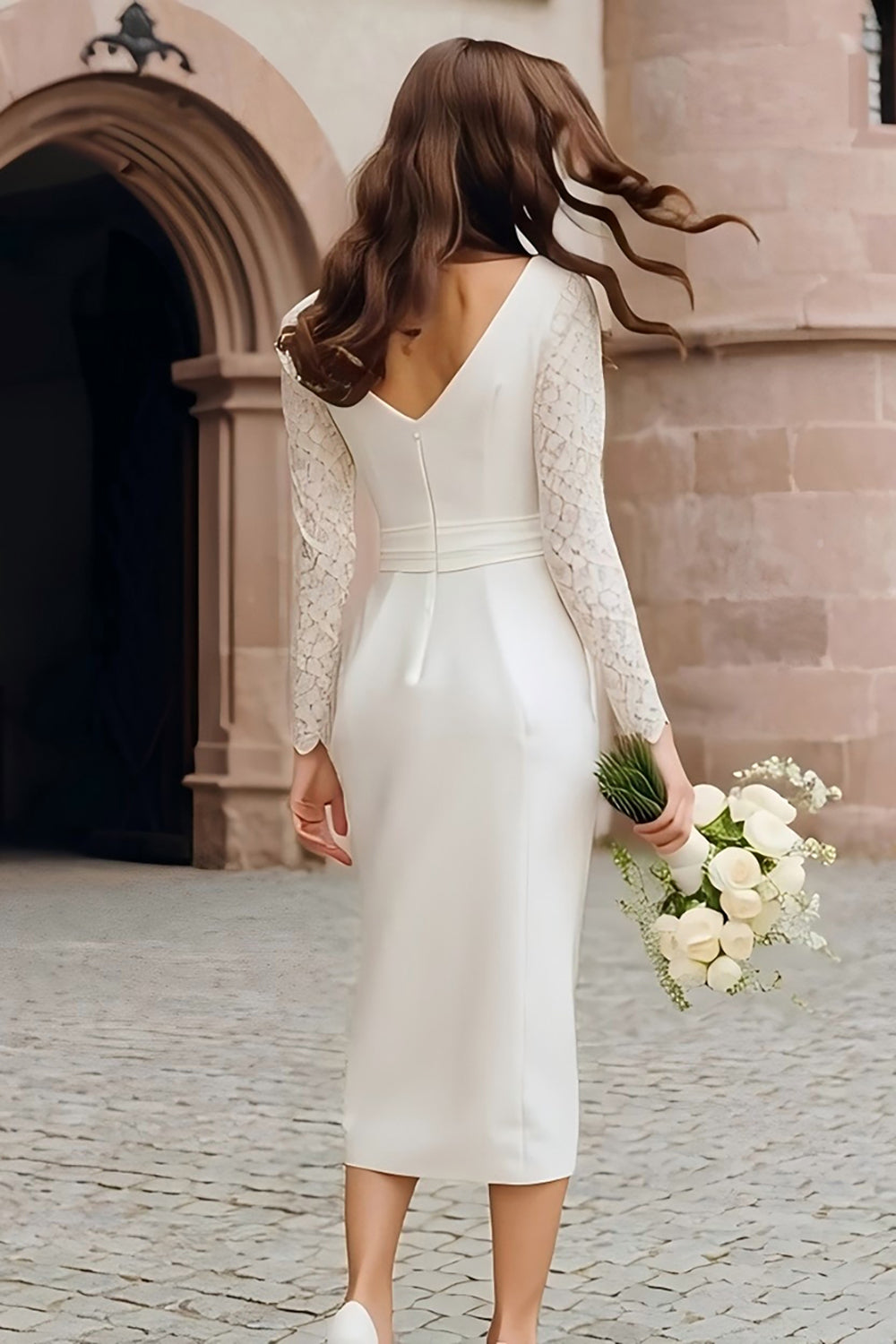 Zapaka Women Ivory Bodycon Midi Courthouse Wedding Dress with Lace Boat Neck Long Sleeves Satin Rehearsal Dinner Dress with Slit, Ivory / US18W Zapaka Women Ivory Bodycon Midi Courthouse Wedding Dress with Lace Boat Neck Long Sleeves Satin Rehearsal Dinner Dress with Slit, Ivory / US18W