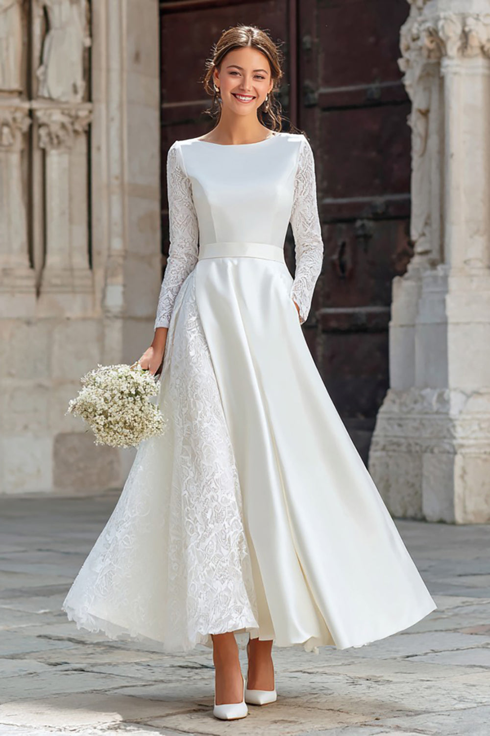 lace reception dress Short Wedding with Sleeves, Dress, French Wedding Dress, V-back Wedding Dress, Illusion Neckline Wedding Dress both beautifully finished with scalloped lace edges Floral Lace Overlay Half Sleeve