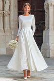 Ivory A Line Boat Neck Wedding Reception Dress with Lace