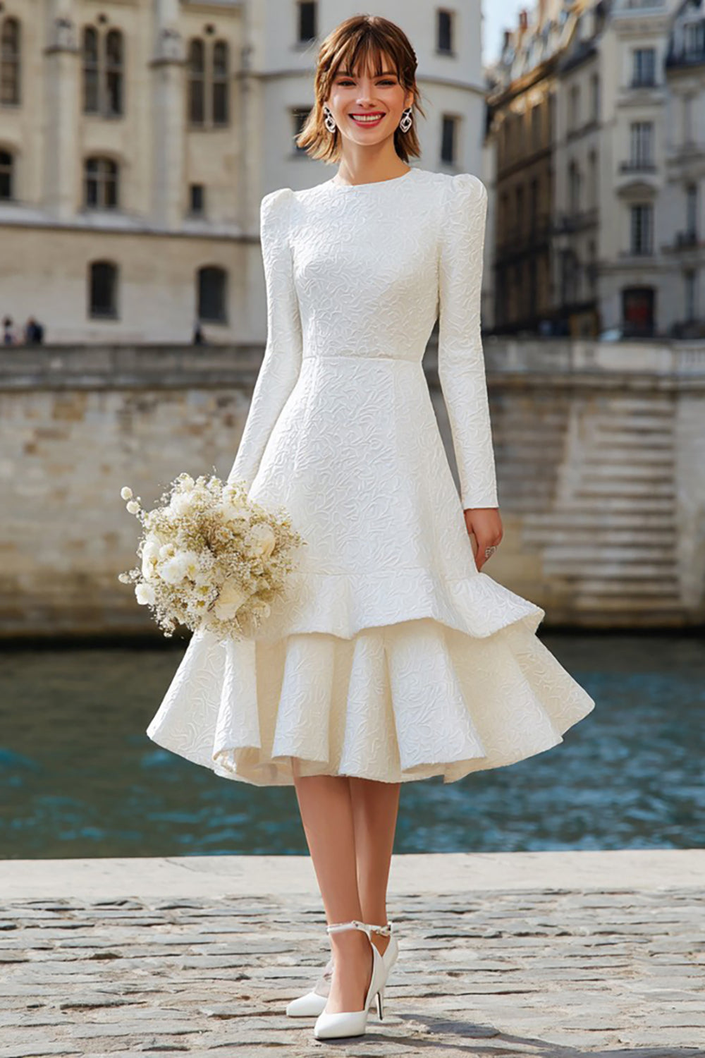 Zapaka Women Ivory Round Neck Midi Engagement Dress with Ruffles A Line Long Sleeve Tiered Wedding Reception Dress, Ivory / US8 Zapaka Women Ivory Round Neck Midi Engagement Dress with Ruffles A Line Long Sleeve Tiered Wedding Reception Dress, Ivory / US8
