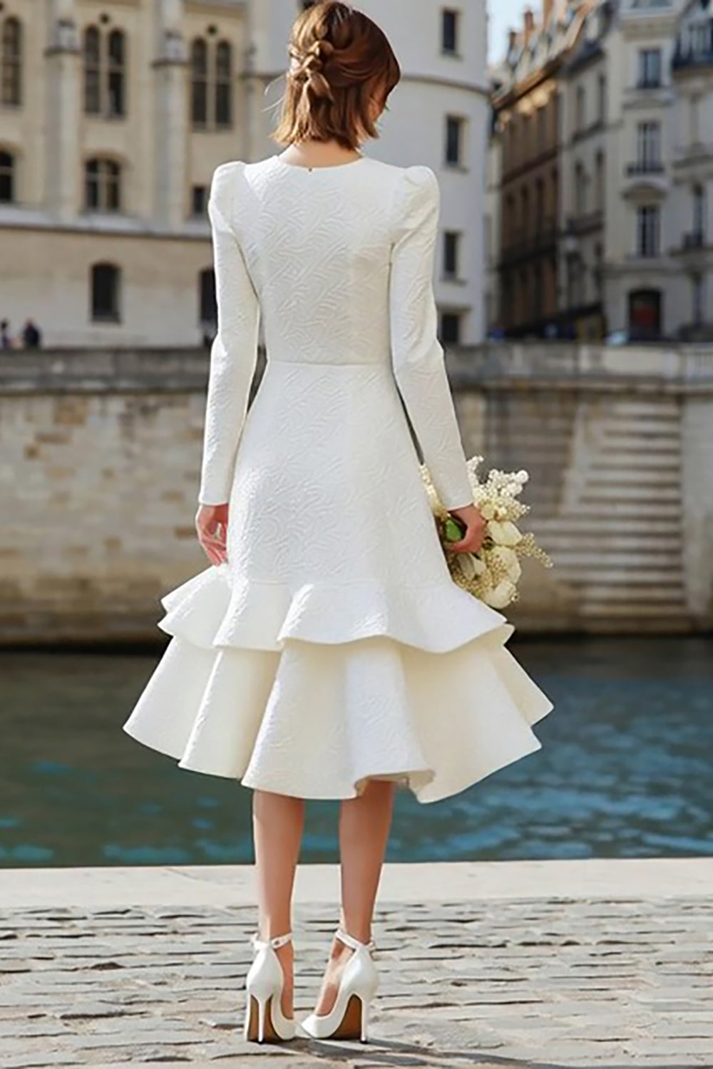 Zapaka Women Ivory Round Neck Midi Engagement Dress with Ruffles A Line Long Sleeve Tiered Wedding Reception Dress, Ivory / US8 Zapaka Women Ivory Round Neck Midi Engagement Dress with Ruffles A Line Long Sleeve Tiered Wedding Reception Dress, Ivory / US8