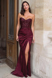 Burgundy Sequins Mermaid Sweetheart Corset Ruched Long Prom Dress With Slit