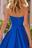 Royal Blue A-Line Pleated Sweetheart Satin Long Prom Dress with Slit