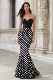 Sweetheart Black White Dot Mermaid Satin Long Prom Dress