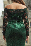 Plus Size Dark Green Velvet Lace Off the Shoulder Formal Dress with Long Sleeves
