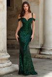 Cold Shoulder Sequin Mermaid Dark Green Long Prom Dress