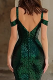 Cold Shoulder Sequin Mermaid Dark Green Long Prom Dress