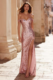Off The Shoulder Sequin Mermaid Pink Prom Dress