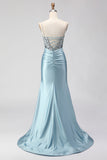 Dusty Blue Mermaid Beaded Corset Sequins Long Prom Dress with Slit