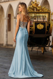 Dusty Blue Mermaid Beaded Corset Sequins Long Prom Dress with Slit