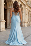 Dusty Blue Mermaid Beaded Corset Satin Long Plus Size Prom Dress with Slit