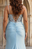 Dusty Blue Mermaid Beaded Corset Satin Long Plus Size Prom Dress with Slit