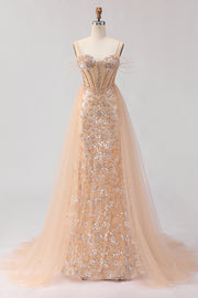 Sparkly Champagne Mermaid Corset Sequin Long Prom Dress with Beading