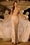 Sparkly Champagne Mermaid Corset Sequin Long Prom Dress with Beading