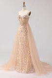 Sparkly Champagne Mermaid Corset Sequin Long Prom Dress with Beading