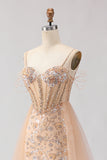 Sparkly Champagne Mermaid Corset Sequin Long Prom Dress with Beading