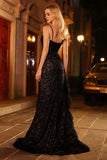 Sparkly Black Sequin Mermaid Corset Beaded Long Prom Dress with Ruffle Slit