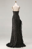 Sparkly Black Sequin Mermaid Corset Beaded Long Prom Dress with Ruffle Slit