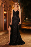 Sparkly Black Sequin Mermaid Corset Beaded Long Prom Dress with Ruffle Slit