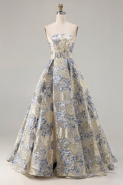 Dusty Blue Floral Strapless Corset A Line Brocade Long Prom Dress with Slit