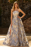 Dusty Blue Floral Strapless Corset A Line Brocade Long Prom Dress with Slit