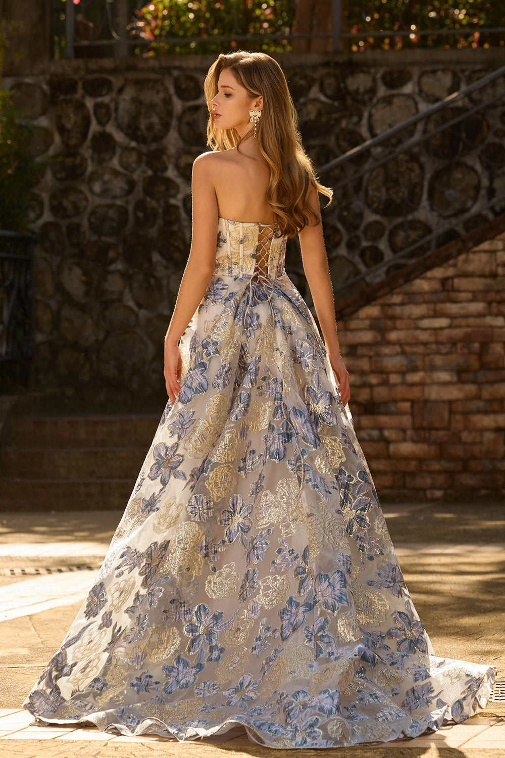 Zapaka Women Dusty Blue Floral Long Prom Dress with Slit Strapless A Line Corset Brocade Party Dress with Lace Up Back, Dusty Blue / US16 Zapaka Women Dusty Blue Floral Long Prom Dress with Slit Strapless A Line Corset Brocade Party Dress with Lace Up Back, Dusty Blue / US16