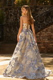 Dusty Blue Floral Strapless Corset A Line Brocade Long Prom Dress with Slit