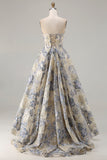 Dusty Blue Floral Strapless Corset A Line Long Prom Dress with Slit
