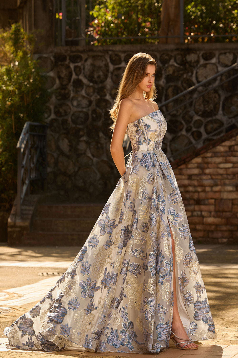 Strapless Dusty Blue Corset A Line Floral Brocade Long Prom Dress with Slit Strapless Dusty Blue Corset A Line Floral Brocade Long Prom Dress with Slit