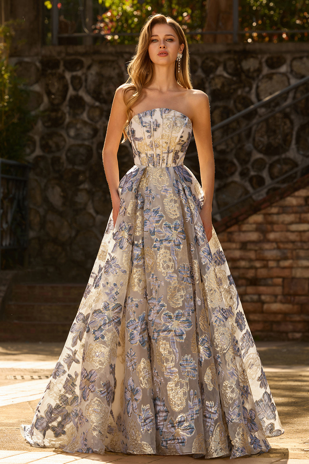 Strapless Dusty Blue Corset A Line Floral Brocade Long Prom Dress with Slit Strapless Dusty Blue Corset A Line Floral Brocade Long Prom Dress with Slit