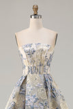 Dusty Blue Floral Strapless Corset A Line Long Prom Dress with Slit