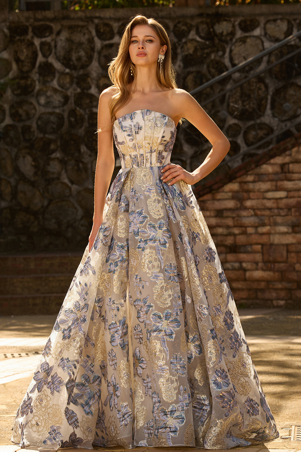 Zapaka Women Dusty Blue Floral Long Prom Dress with Slit Strapless A Line Corset Brocade Party Dress with Lace Up Back, Dusty Blue / US26W Zapaka Women Dusty Blue Floral Long Prom Dress with Slit Strapless A Line Corset Brocade Party Dress with Lace Up Back, Dusty Blue / US26W