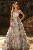 Strapless Dusty Blue Corset A Line Floral Brocade Long Prom Dress with Slit