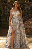 Dusty Blue Floral Strapless Corset A Line Brocade Long Prom Dress with Slit