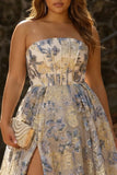 Dusty Blue Floral Strapless Brocade Corset A Line Long Plus Size Prom Dress with Slit