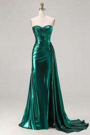Metallic Dark Green Mermaid Strapless Pleated Corset Long Prom Dress with Slit