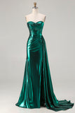 Metallic Dark Green Mermaid Strapless Pleated Corset Long Prom Dress with Slit
