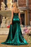 Metallic Dark Green Mermaid Strapless Pleated Corset Long Prom Dress with Slit