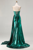 Metallic Dark Green Mermaid Strapless Pleated Corset Long Prom Dress with Slit
