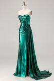 Metallic Dark Green Mermaid Strapless Pleated Corset Long Prom Dress with Slit
