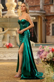 Strapless Metallic Dark Green Mermaid Corset Long Prom Dress with Slit