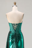 Metallic Dark Green Mermaid Strapless Pleated Corset Long Prom Dress with Slit