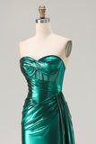 Metallic Dark Green Mermaid Strapless Pleated Corset Long Prom Dress with Slit