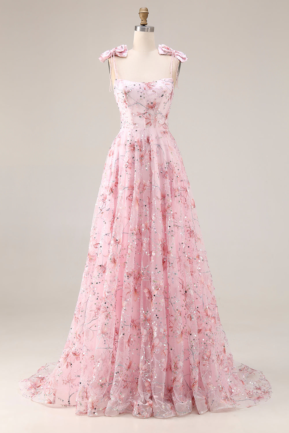 Zapaka Women Sparkly Pink Long Prom Dress A-Line Spaghetti Straps