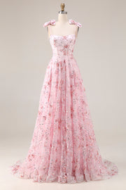 Sparkly Pink A-Line Floral Sequins Long Prom Dress with Bows