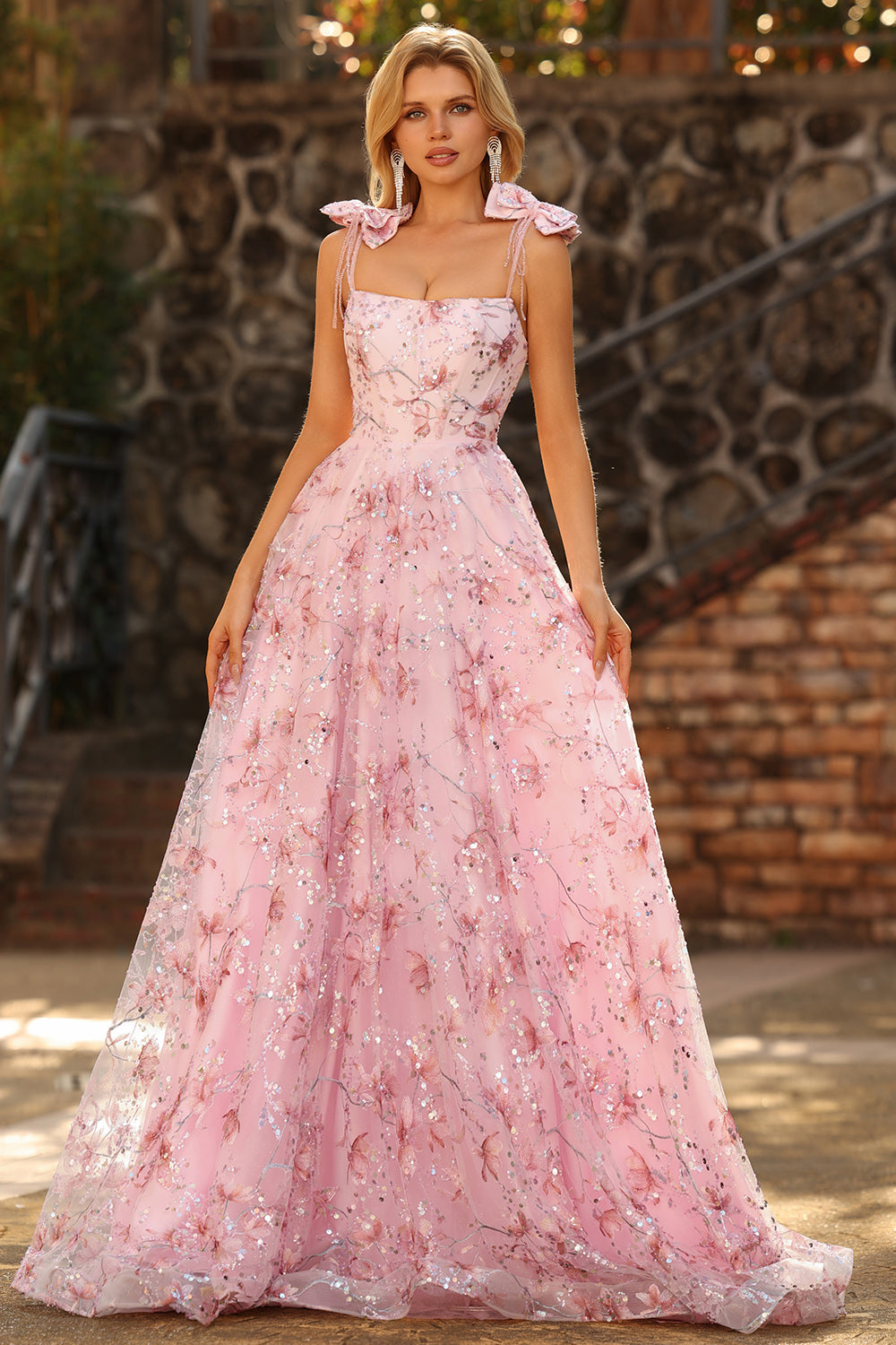 Zapaka Women Sparkly Pink Long Prom Dress with Bows A-Line Floral Spaghetti Straps Sequins Party Dress, Pink / UK22 Zapaka Women Sparkly Pink Long Prom Dress with Bows A-Line Floral Spaghetti Straps Sequins Party Dress, Pink / UK22