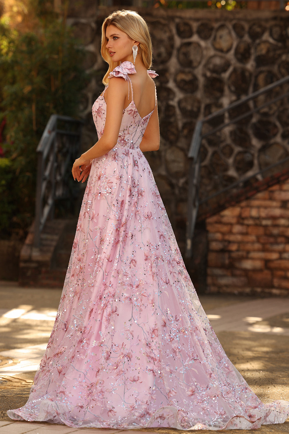 Zapaka Women Sparkly Pink Long Prom Dress with Bows A-Line Floral Spaghetti Straps Sequins Party Dress, Pink / UK22 Zapaka Women Sparkly Pink Long Prom Dress with Bows A-Line Floral Spaghetti Straps Sequins Party Dress, Pink / UK22