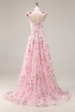 Sparkly Pink A-Line Floral Sequins Long Prom Dress with Bows