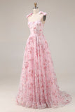Sparkly Pink A-Line Floral Sequins Long Prom Dress with Bows