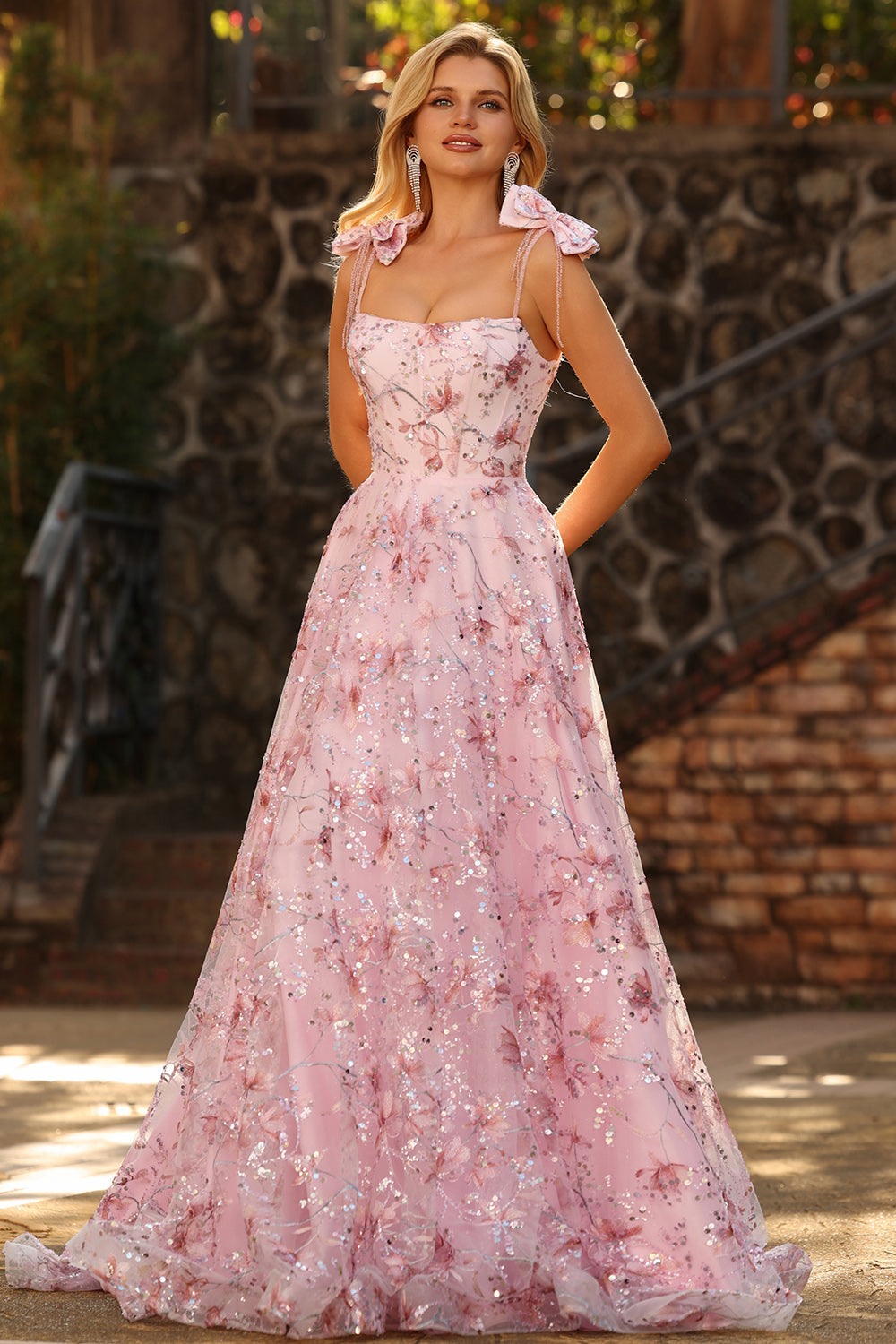 Zapaka Women Sparkly Pink Long Prom Dress with Bows A-Line Floral Spaghetti Straps Sequins Party Dress, Pink / UK22 Zapaka Women Sparkly Pink Long Prom Dress with Bows A-Line Floral Spaghetti Straps Sequins Party Dress, Pink / UK22